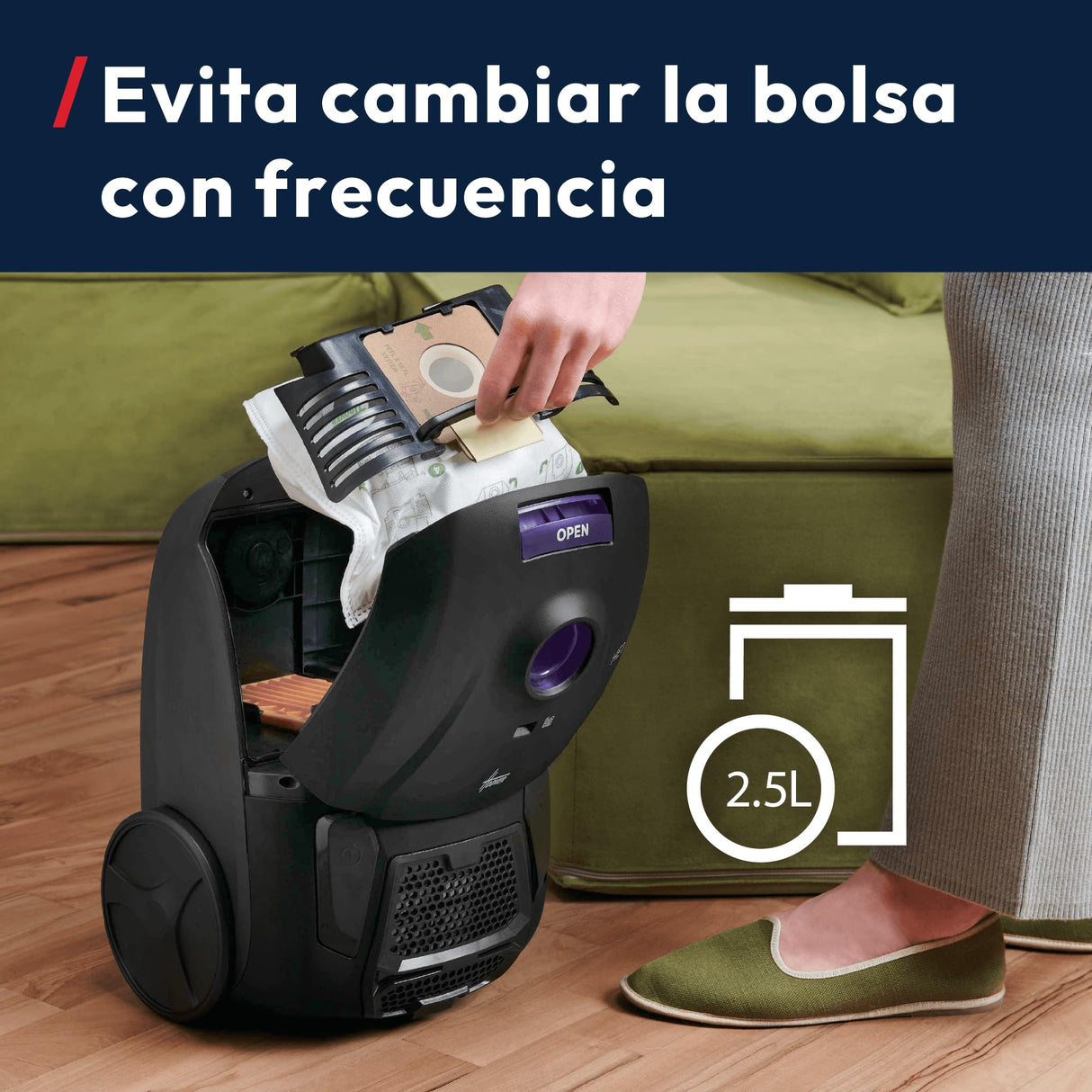 Hoover HE1 Compact – Aspirador con Bolsa para Suelos Duros y alfombras, con Cable, Filtro EPA, Bolsa de 2,5L, Accesorios Integrados y Radio de acción de 7,5 m [HEZ107HM]
