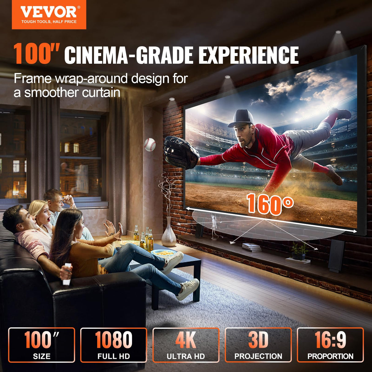 VEVOR Pantalla de Proyector Diagonal 100 Pulgadas de 16: 9, Pantalla de Cine 4K, Proyector Marco de Aluminio, 221 x 124 cm para Películas Portátil Montaje en Pared al Aire Libre, Negro