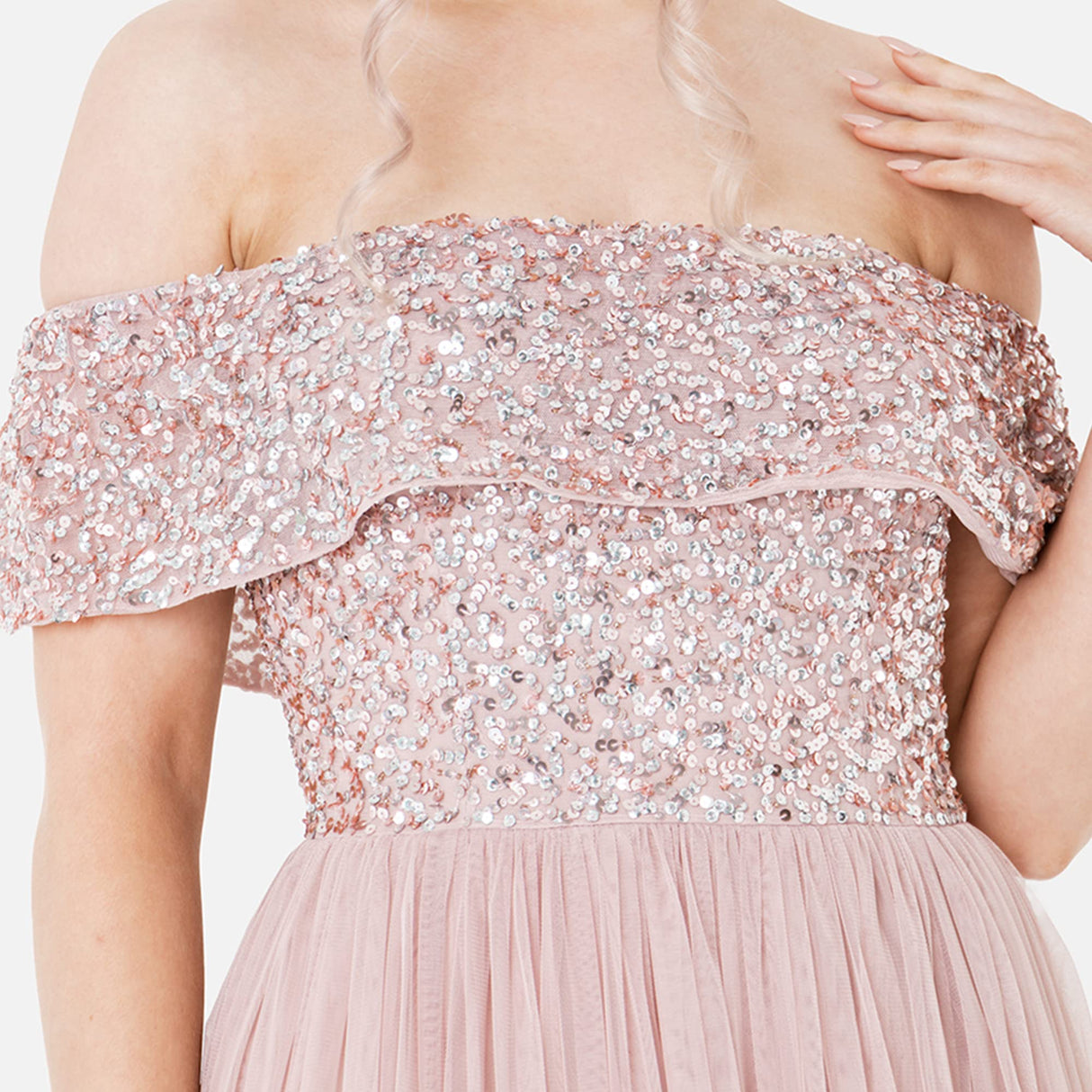 Maya Deluxe Maya Frosted Pink Bardot Embellished Maxi Dress Vestido de Dama de Honor, 10 para Mujer