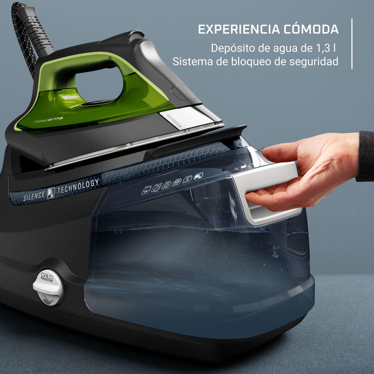 Rowenta Silence Pro -Centro de planchado, autonomía ilimitada, 8 bares, golpe vapor 600 g/min, suela Microsteam, función ECO y depósito cal, 1.3 litros, Color Negro Y Gris DG9248