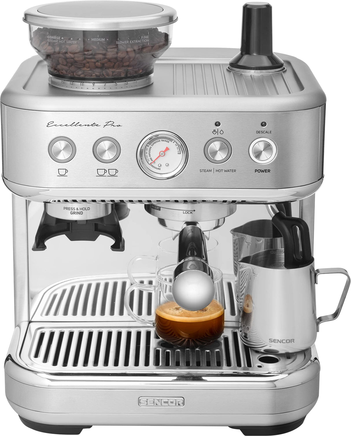 cafetera automatica con molinillo Sencor - cafetera grano con molinillo Barista Express, acero inoxidable cepillado, tanque de agua y café de gran capacidad, boquilla de vapor de cappuccino SES 6010SS