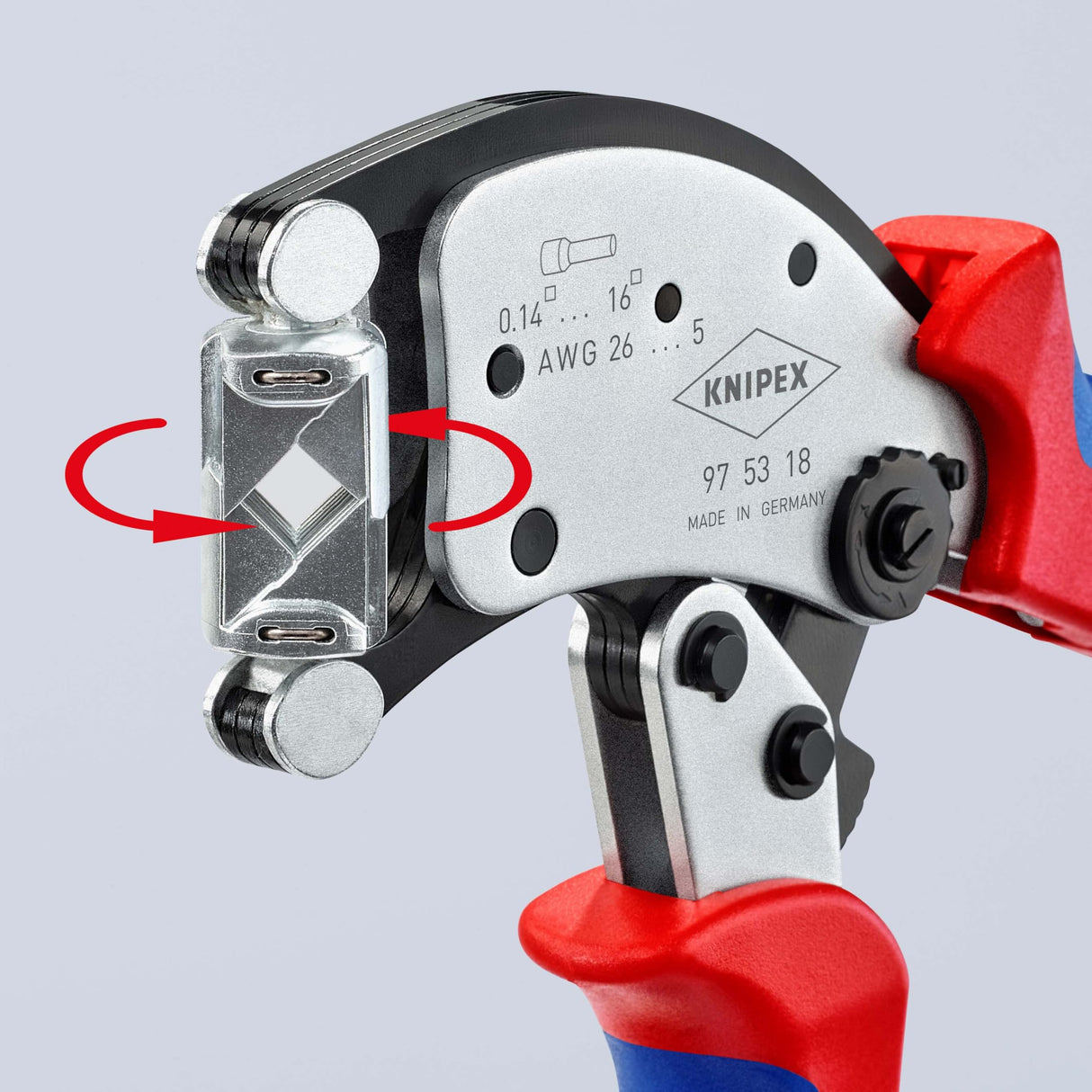 Knipex Twistor®16 Alicate autoajustable para crimpar punteras huecas con cabezal giratorio para crimpar cromado, con fundas multicomponentes 200 mm 97 53 18