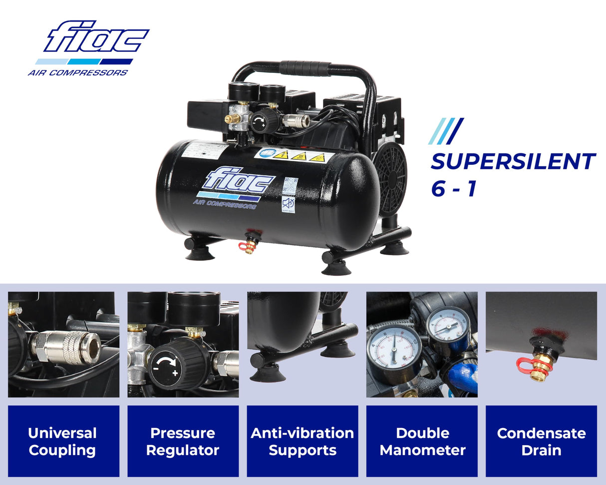 FIAC Compresor de Aire Portátil Silencioso SUPERSILENT 6, Sin Aceite, Presión Máxima 8 Bar, 1 Hp, Depósito 6 Litros, Nivel sonoro 58 dB LpA