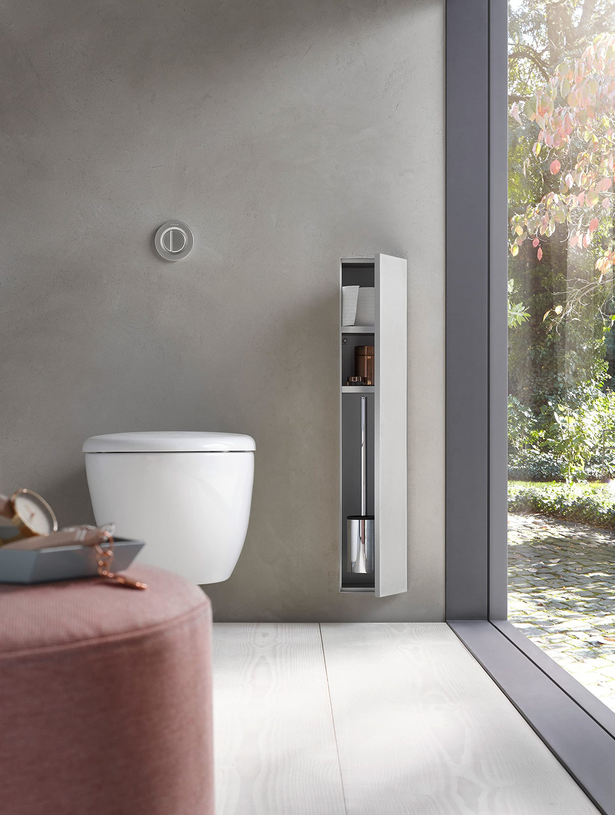 Emco ASIS Plus Módulo de Armario Empotrado para el Conjunto de escobillas, Armario de baño con Soporte para Papel higiénico, Armario Alto con función de Empuje para Abrir y Tope Derecho