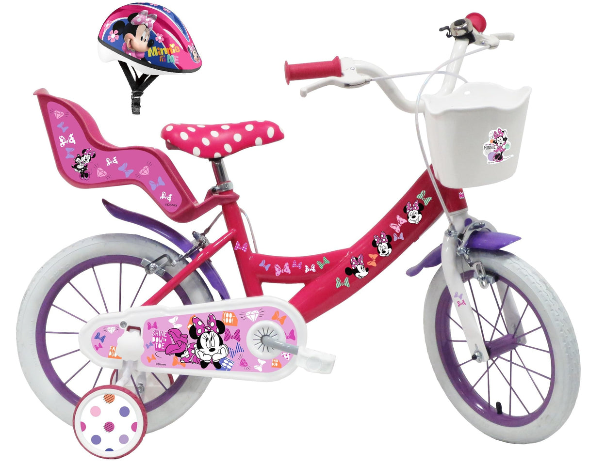 Bicicleta Infantil de 14 Pulgadas, niña Minnie/Disney Equipada con 2 Frenos, Soporte Trasero para muñecas, Cesta Delantera y Casco incluidos