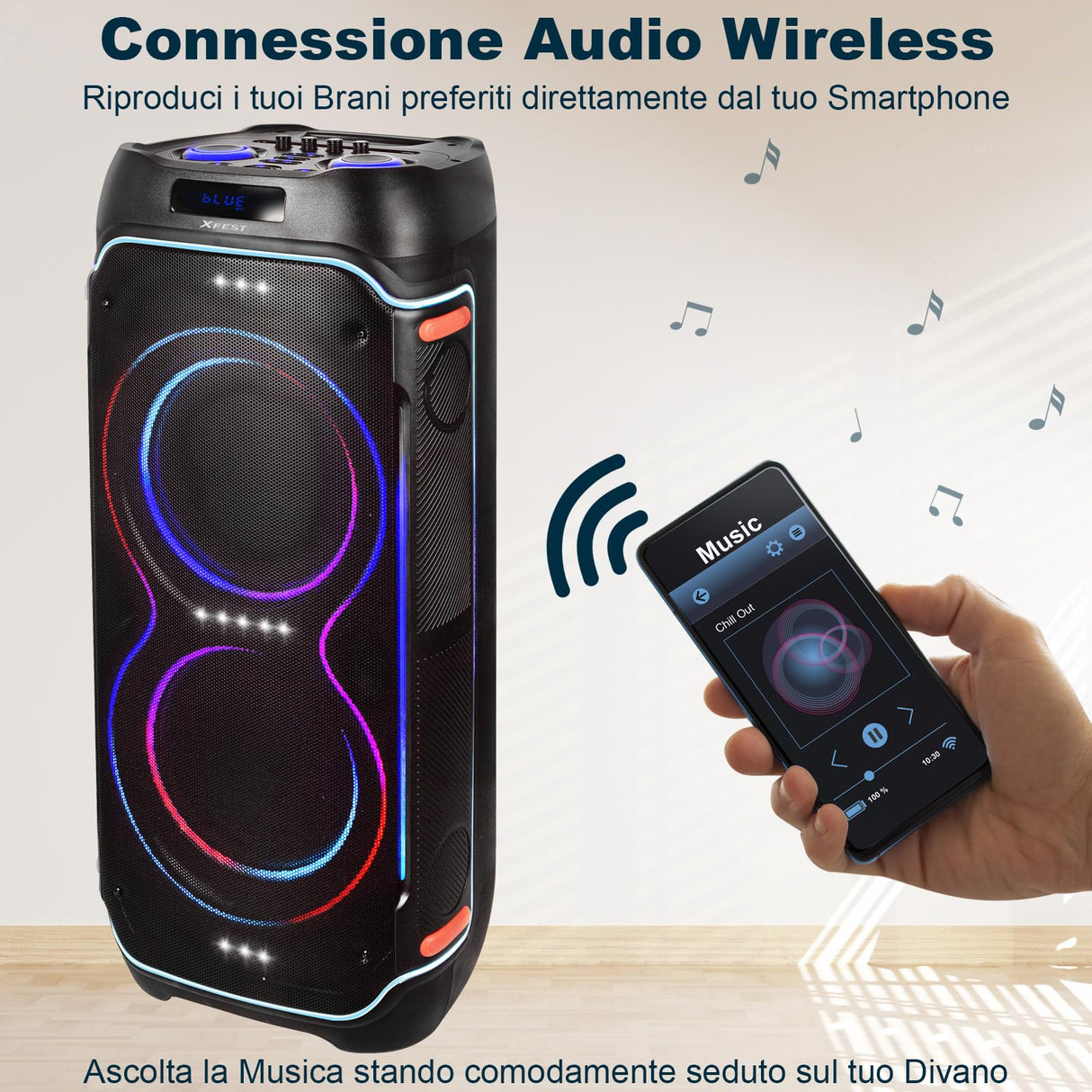 Trevi XFest XF 3600 Pro - Altavoz inalámbrico de 200 W, Altavoz portátil con micrófono inalámbrico Incluido, entradas USB, Micro SD, AUX-IN, función TWS, Karaoke Party Speaker con batería integrada
