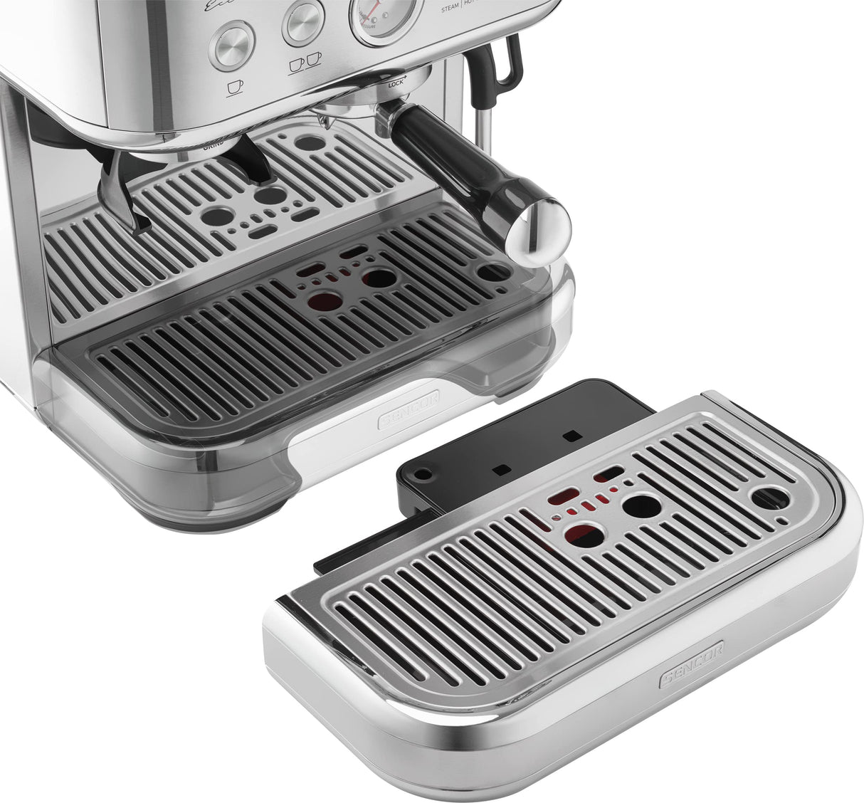 cafetera automatica con molinillo Sencor - cafetera grano con molinillo Barista Express, acero inoxidable cepillado, tanque de agua y café de gran capacidad, boquilla de vapor de cappuccino SES 6010SS