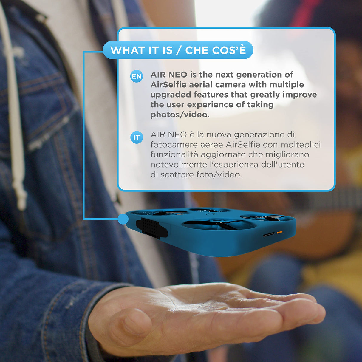 AIR NEO by AirSelfie - Cámara Aérea con Vuelo Automático de Bolsillo, Mini Drone para Fotos y Videos de Manos Libres, Cámara de 12MP para Fotos de Alta Resolución y Video en 2K, Color Azul