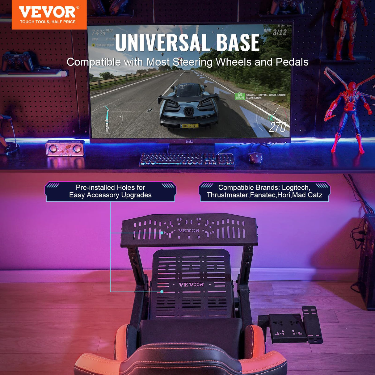 VEVOR Soporte para Volante de Carreras con Ruedas para Logitech G923/G920/G29, Cabina de Simulador de Conducción de Acero Resistente, Pedal Ajustables, Carga Máxima de 150 kg, 1480 x 790 x 1160 mm