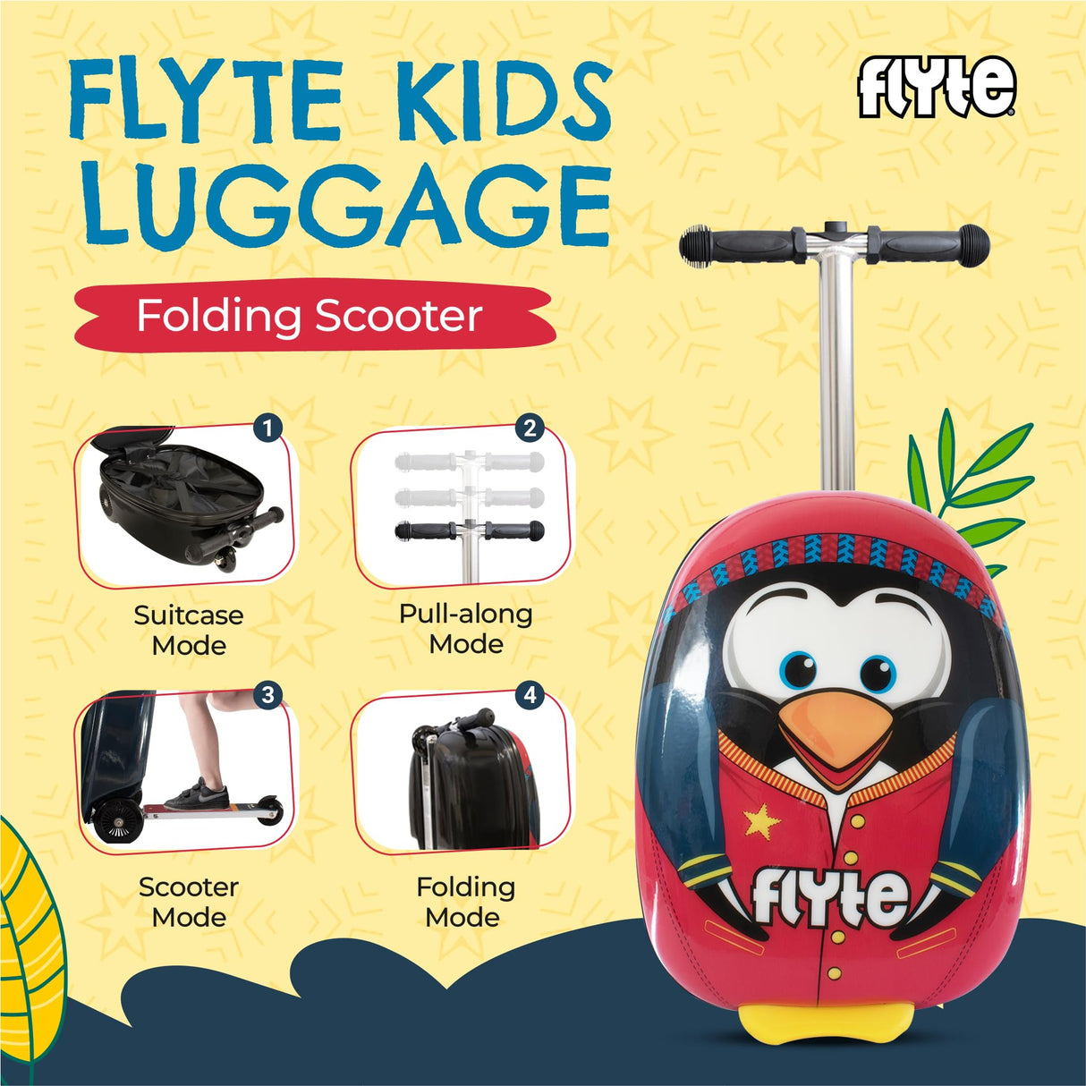 Flyte Scooter Maleta Plegable para niños – Perry el pingüino, Carcasa rígida, Paseo con Ruedas, 2 en 1, 18 Pulgadas, Capacidad de 25 litros, Red, 18-Inch, Perry el pingüino
