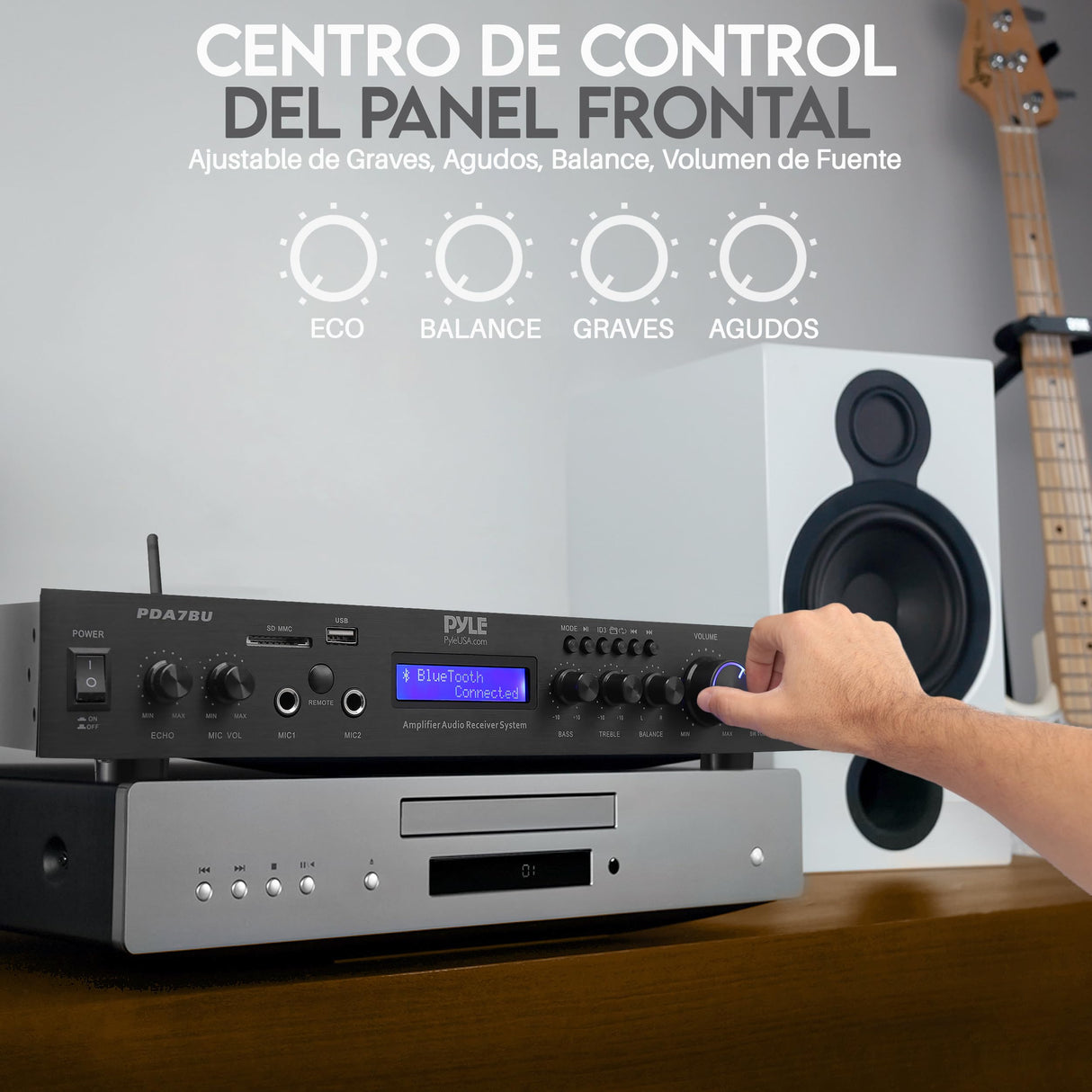 Pyle Amplificador de Audio, Receptor, Montaje en Rack de 5 Canales, Cine en casa, Transmision inalambrica Bluetooth, Radio MP3/USB/SD/AUX/FM, 200V, Pantalla LCD Digital ID3