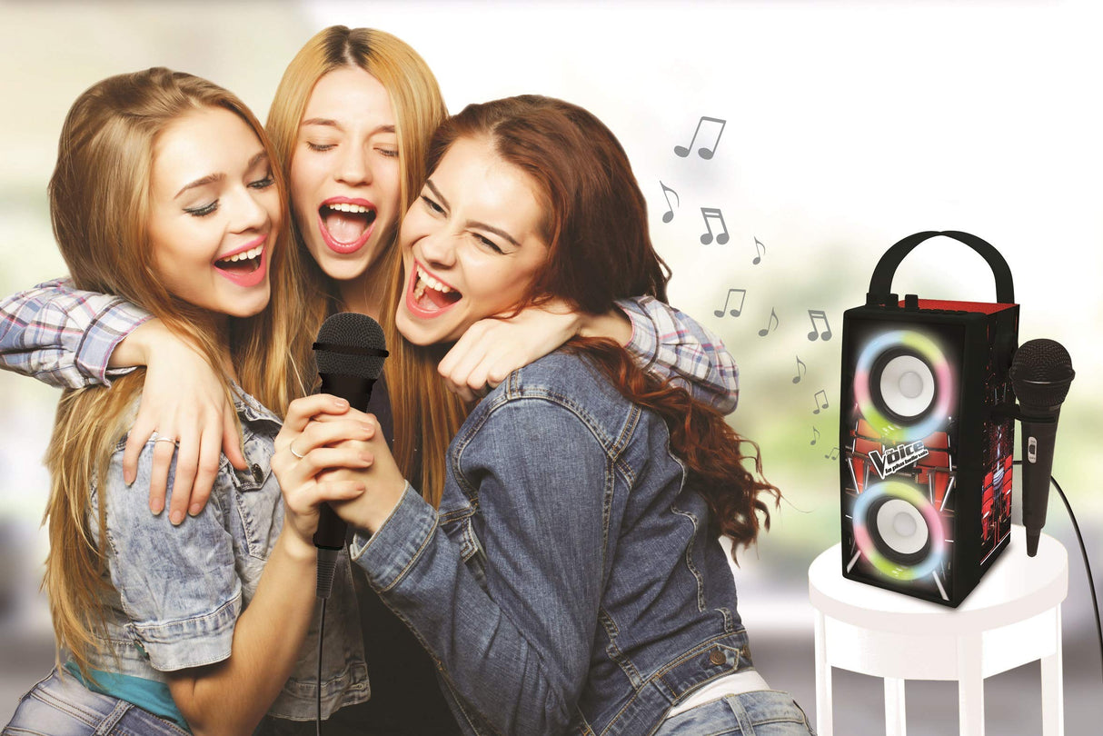 LEXIBOOK, The Voice, Altavoz Luminoso Bluetooth portátil con micrófono, Efectos de luz, Karaoke, Inalámbrico, USB, Tarjeta SD, Batería Recargable, Negro/Rojo, BTP180TVZ