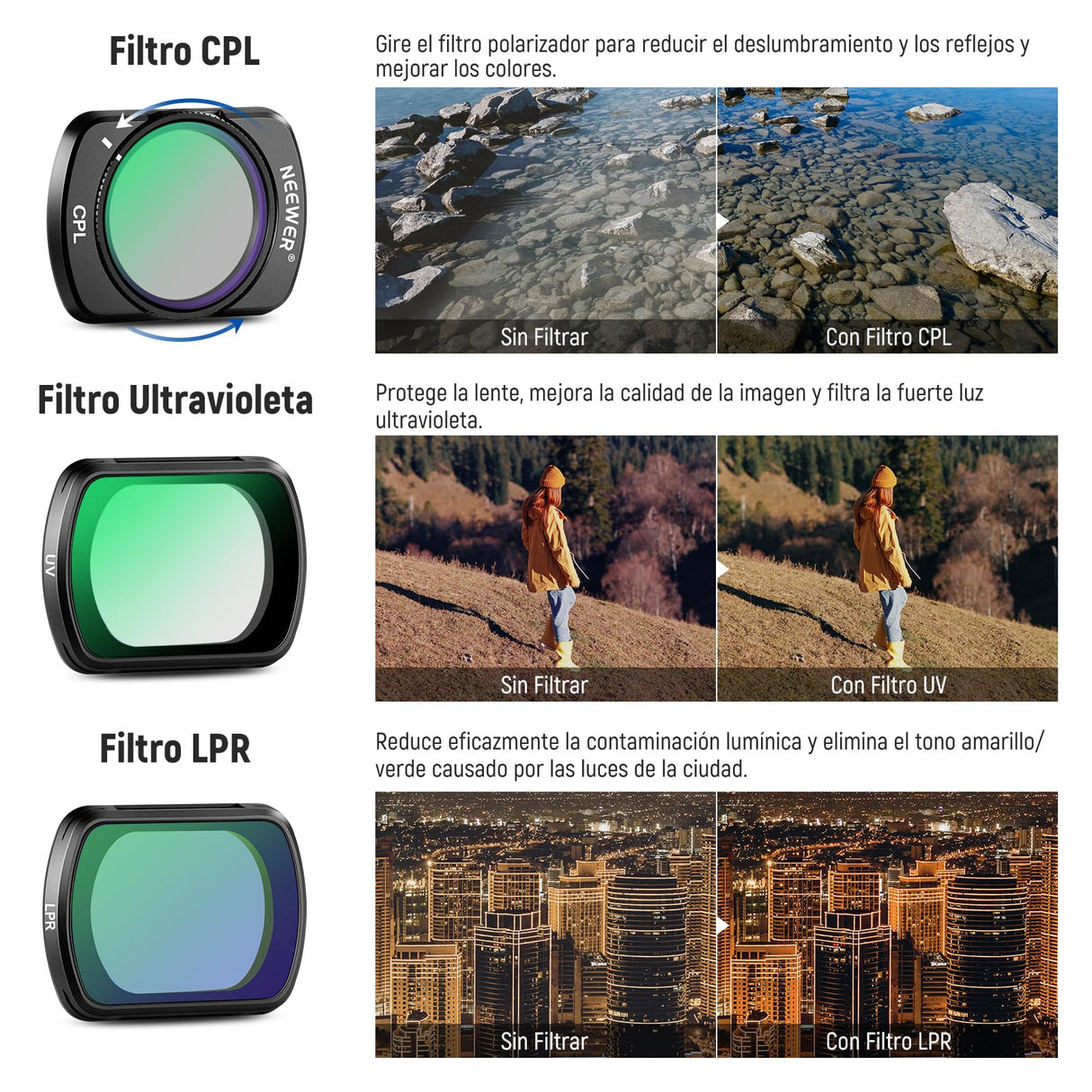 NEEWER Juego de 16 Filtros para Pocket 3, ND8 ND16 ND32 ND64 ND128 ND256 ND1000 ND8/PL ND16/PL ND32/PL ND64/PL Difusión Negra 1/4 1/8 Contaminación Luz UV CPL Compatible con DJI Osmo Pocket 3, FL-B06
