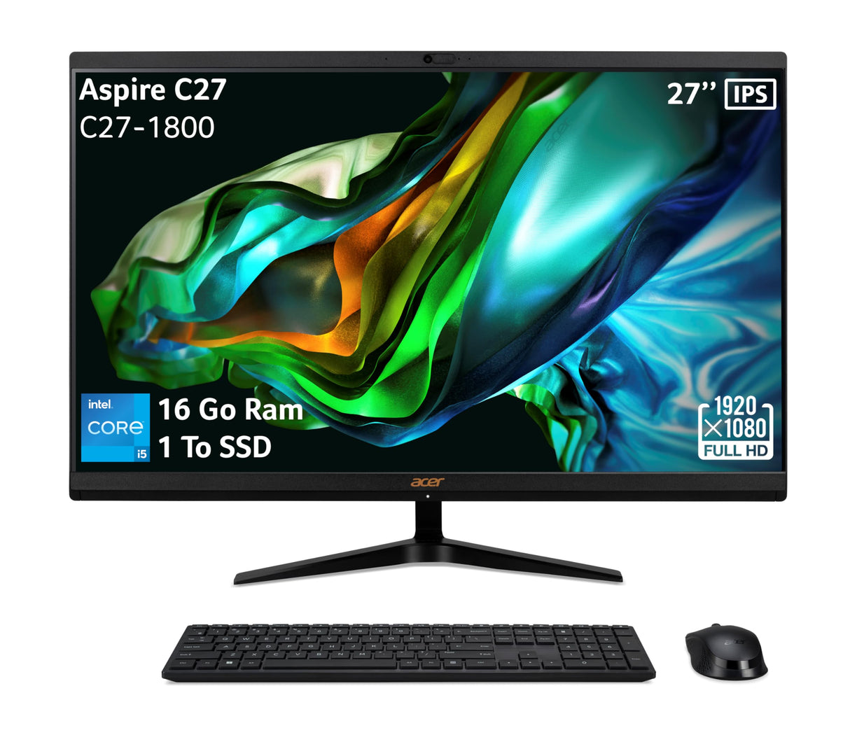 Acer Aspire C27-1800, All-in-One PC de 27" Full HD IPS (Intel Core i5-12450H, RAM de 16 GB, SSD de 1 TB, Intel UHD Graphics, Windows 11 Familia), PC Todo-en-Uno, Color Negro