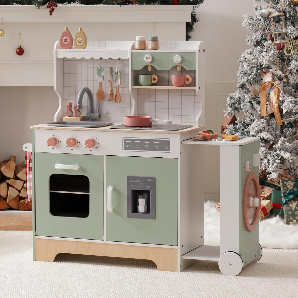 ROBUD Cocina Infantil de Madera con cafetera, máquina de Hielo, Barbacoa, vajilla y Comida de Juguetes. Adecuado para niños a Partir de 3 años