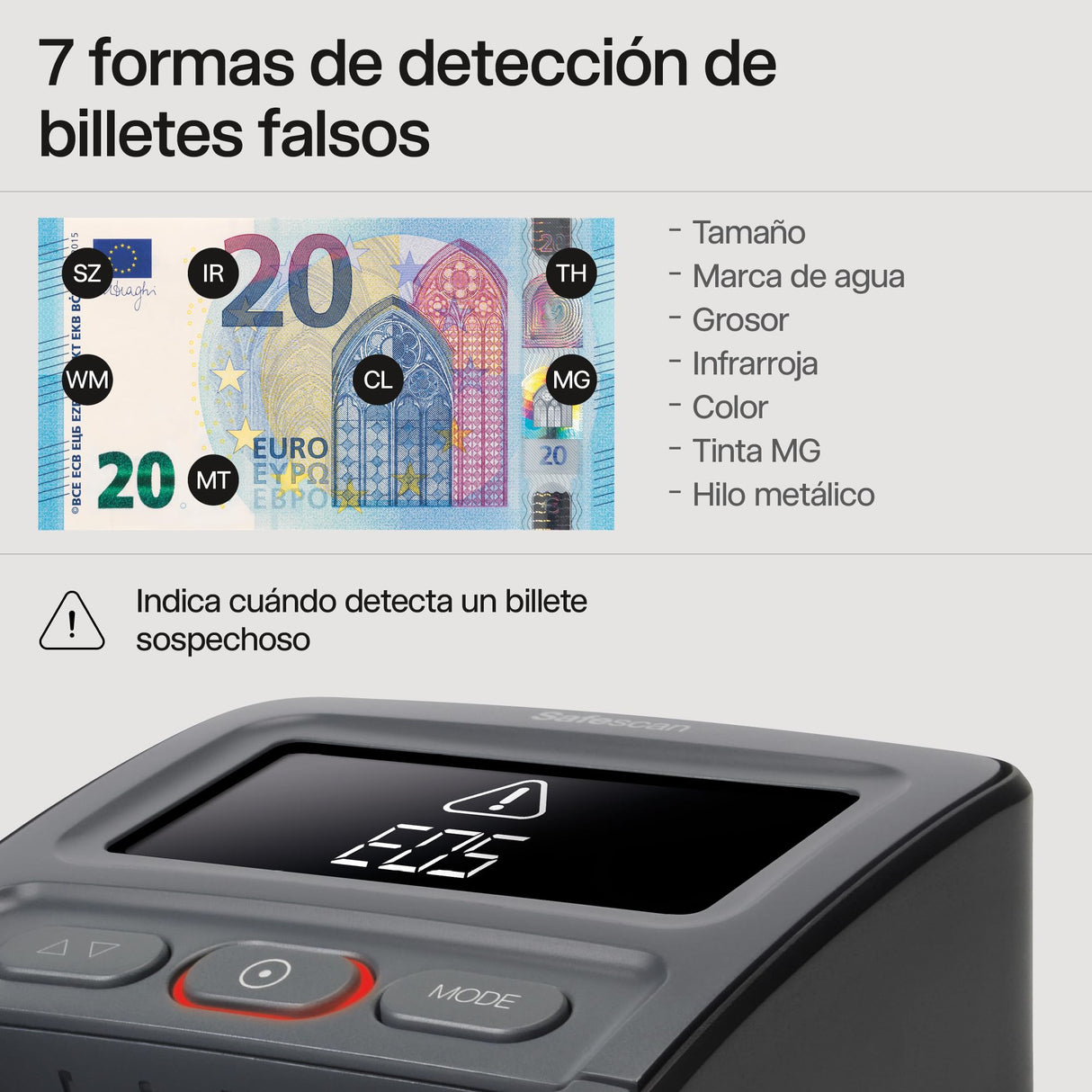 Safescan 155-S Detector de billetes falsos automático para verificar rápidamente billetes - Detector billetes falsos con 7 puntos de detección - Detector de billetes falsos 100% fiable