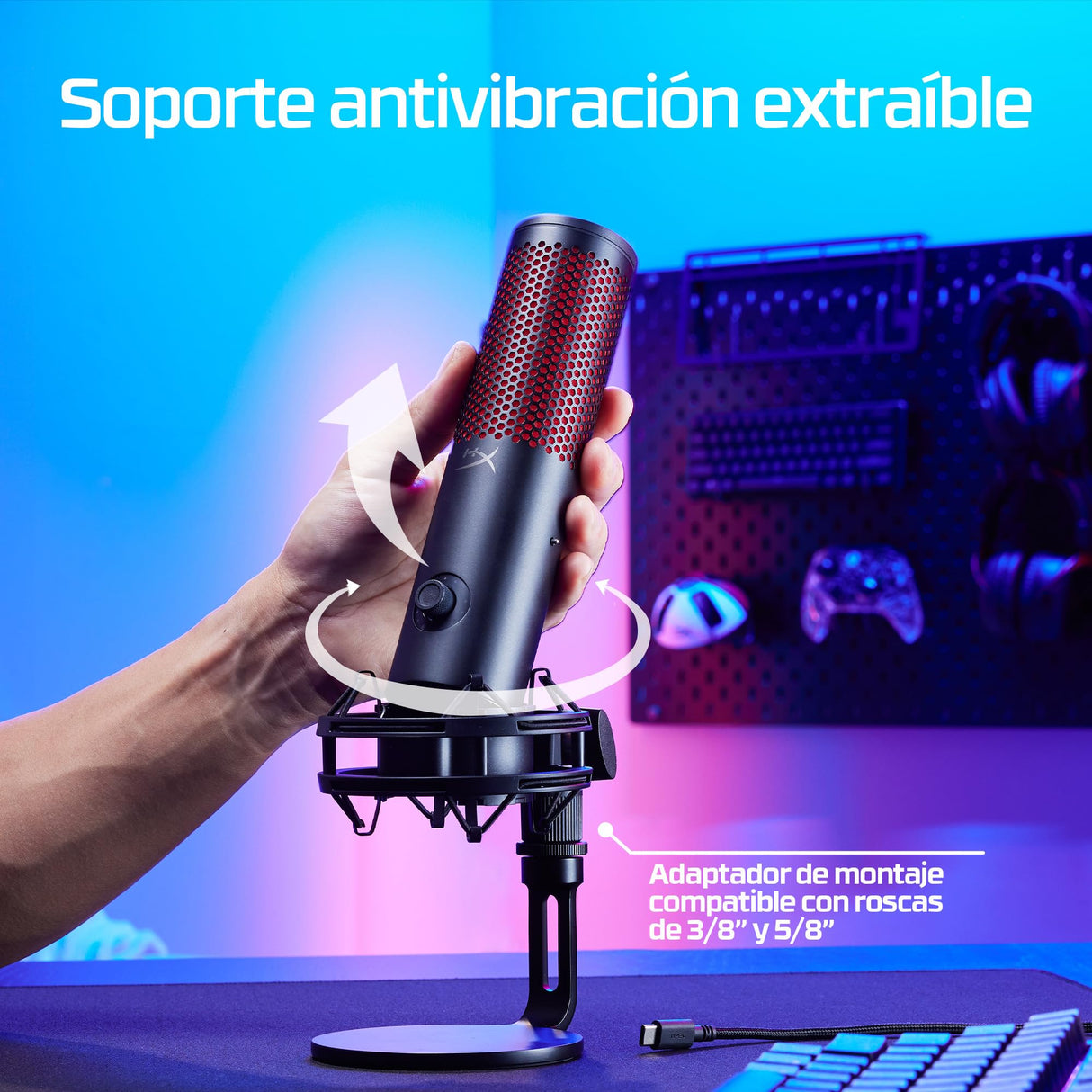 HyperX Quadcast 2 - Micrófono USB para gaming, streaming, podcast, cuatro patrones polares, controles, LED, antivibración, para PC, PS4, PS5 y Mac, Negro y Rojo
