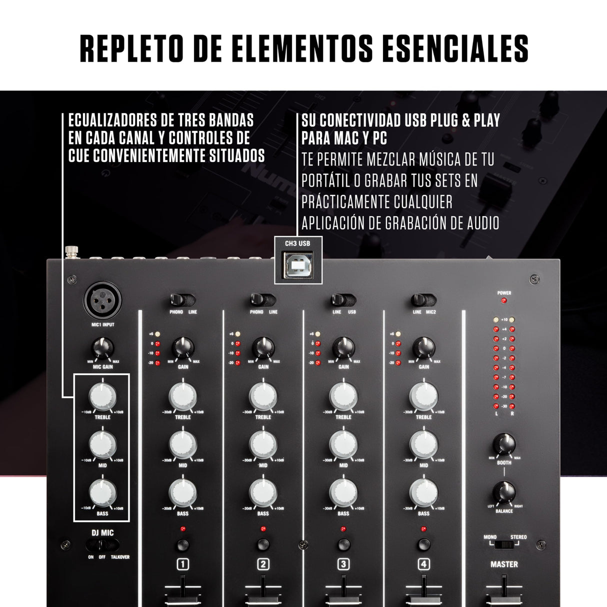 Numark M6 USB Mesa de Mezclas DJ de 4 Canales, Interfaz de Audio Integrada, EQ de 3 Bandas, Entrada Micro y Crossfader Reemplazable con Control de Curva
