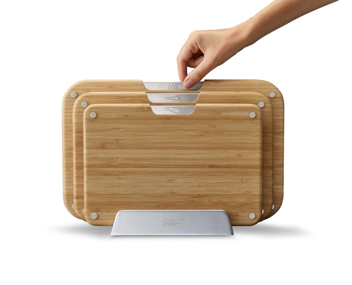 Joseph Joseph Nest™ Juego de 3 Tablas de Cortar de Bambú, Doble Cara, Antideslizantes, Iconos de Alimentos, Soporte de Metal