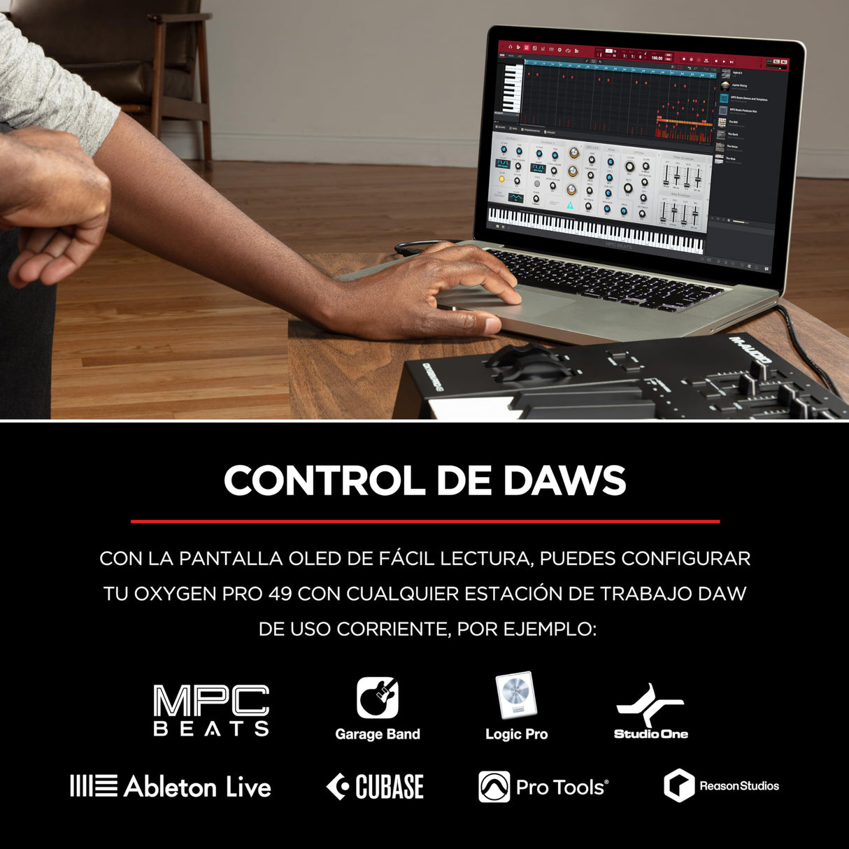 M-Audio Oxygen Pro 49 - teclado controlador MIDI USB con 49 teclas, beat pads, perillas asignables de MIDI, botones y faders, más pack de sonidos de Native Instruments (integración de NKS)