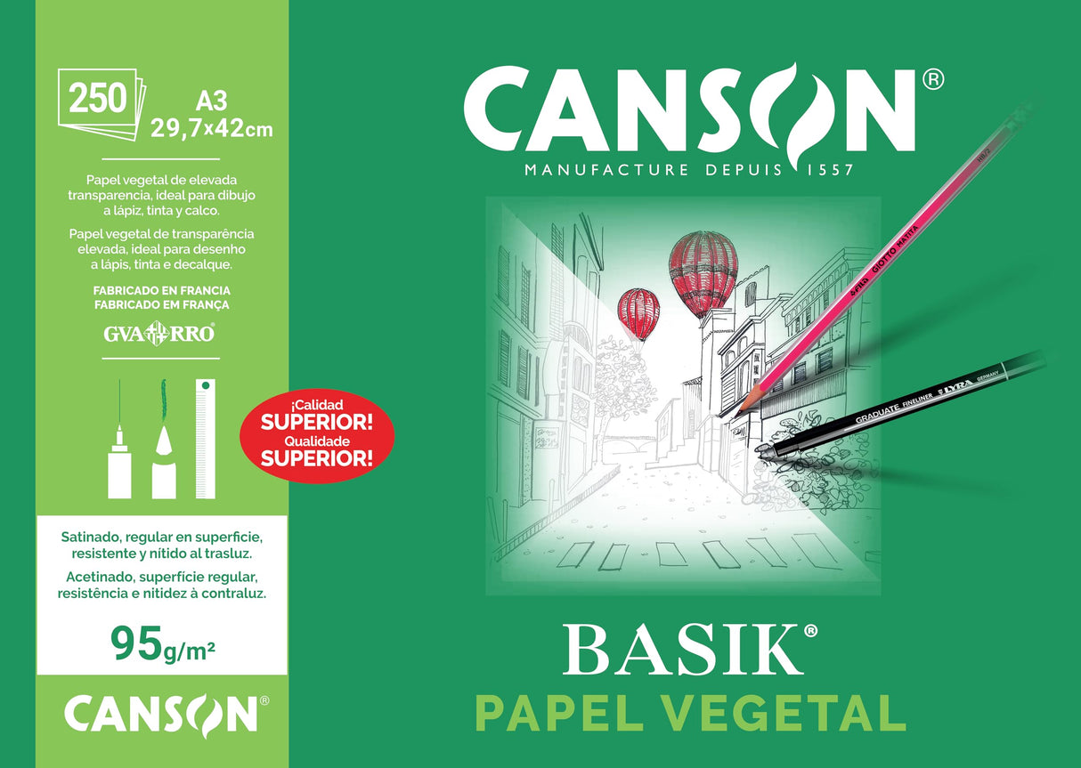 Canson Vegetal Basik, Papeles técnicos, Suave, 90g, Hoja, A3-29,7x42cm, Translucido