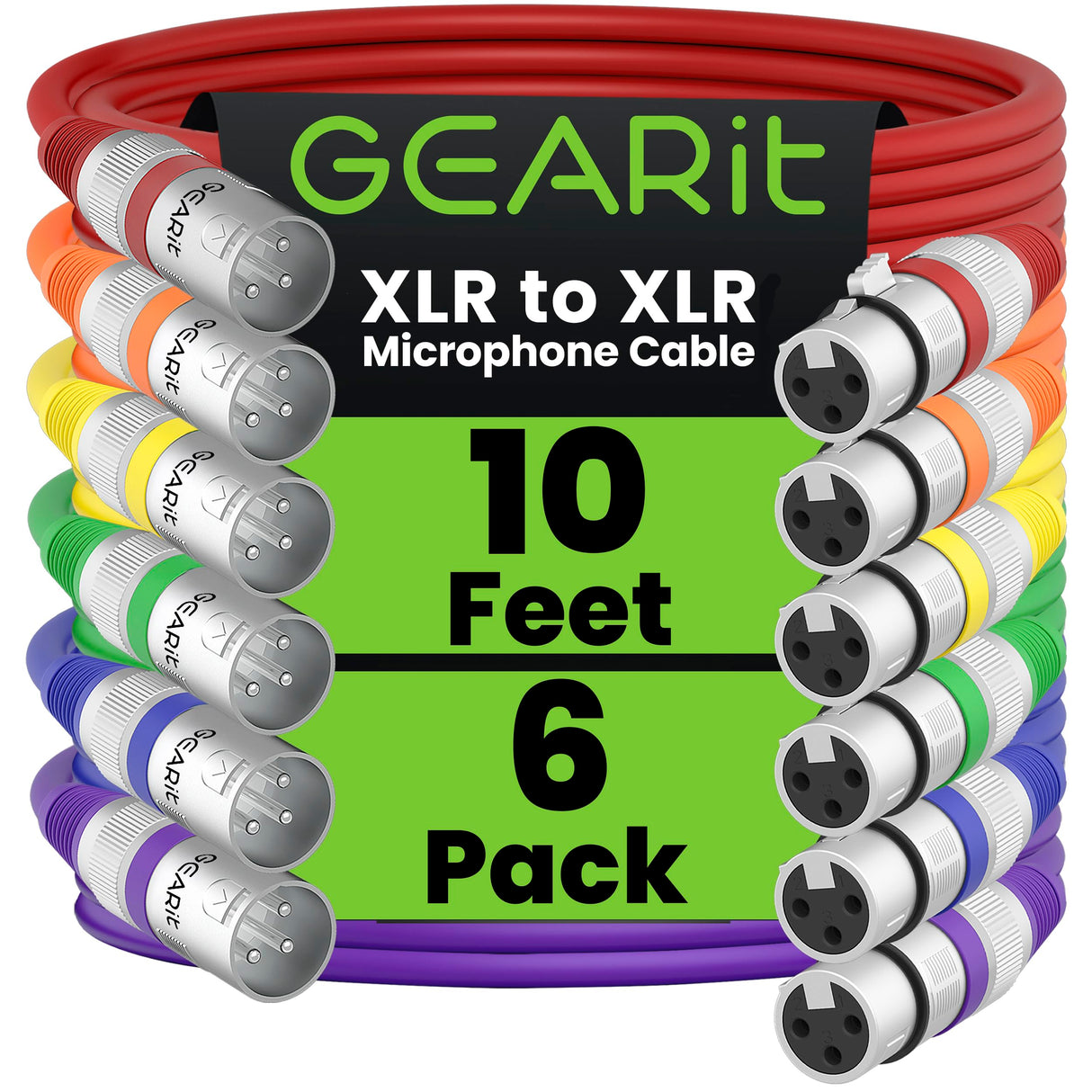 GEARit Cable de micrófono XLR (10 pies, paquete de 6) – Cable de micrófono XLR blindado equilibrado de 3 pines macho a hembra para mezclador, estudio, podcast, multicolor, 10 pies, paquete de 6