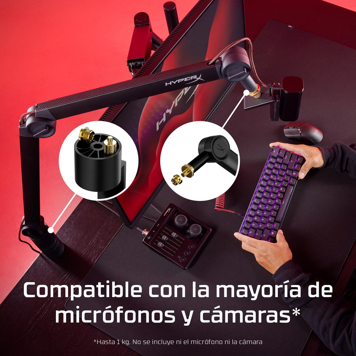HyperX Caster - Brazo para micrófono y cámara, soporte, streaming y creación de contenido, hasta 1kg de peso, Negro