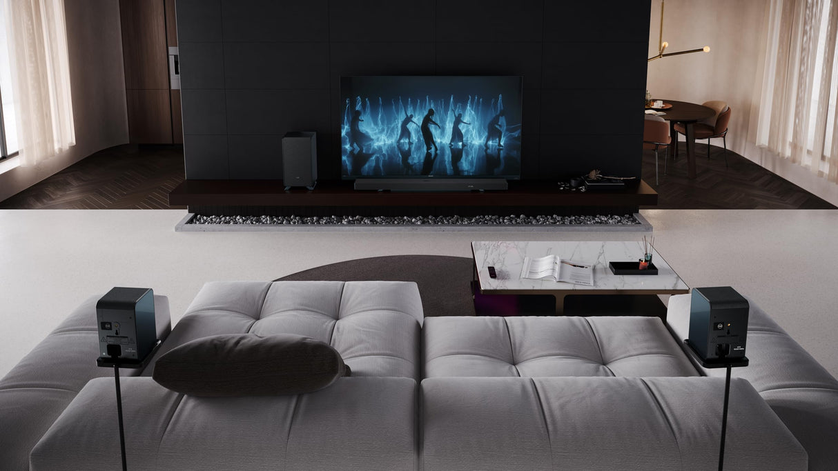 Sharp HT-SPR52021(BK) Pareja de Altavoces Traseros inalámbricos 1.0.1 para conectar a tu Barra de Sonido Q para Experiencia Mejorada, Sonido Envolvente, Dolby Atmos y DTS:X, P. MAX 200W, Negro