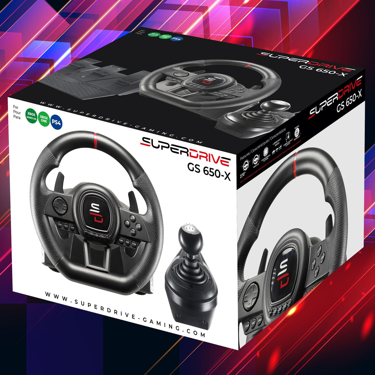 Subsonic Volante de carreras Superdrive GS650X con cambio manual, 3 pedales y levas de cambio para Xbox Serie X/S, PS4, Xbox One (programable)