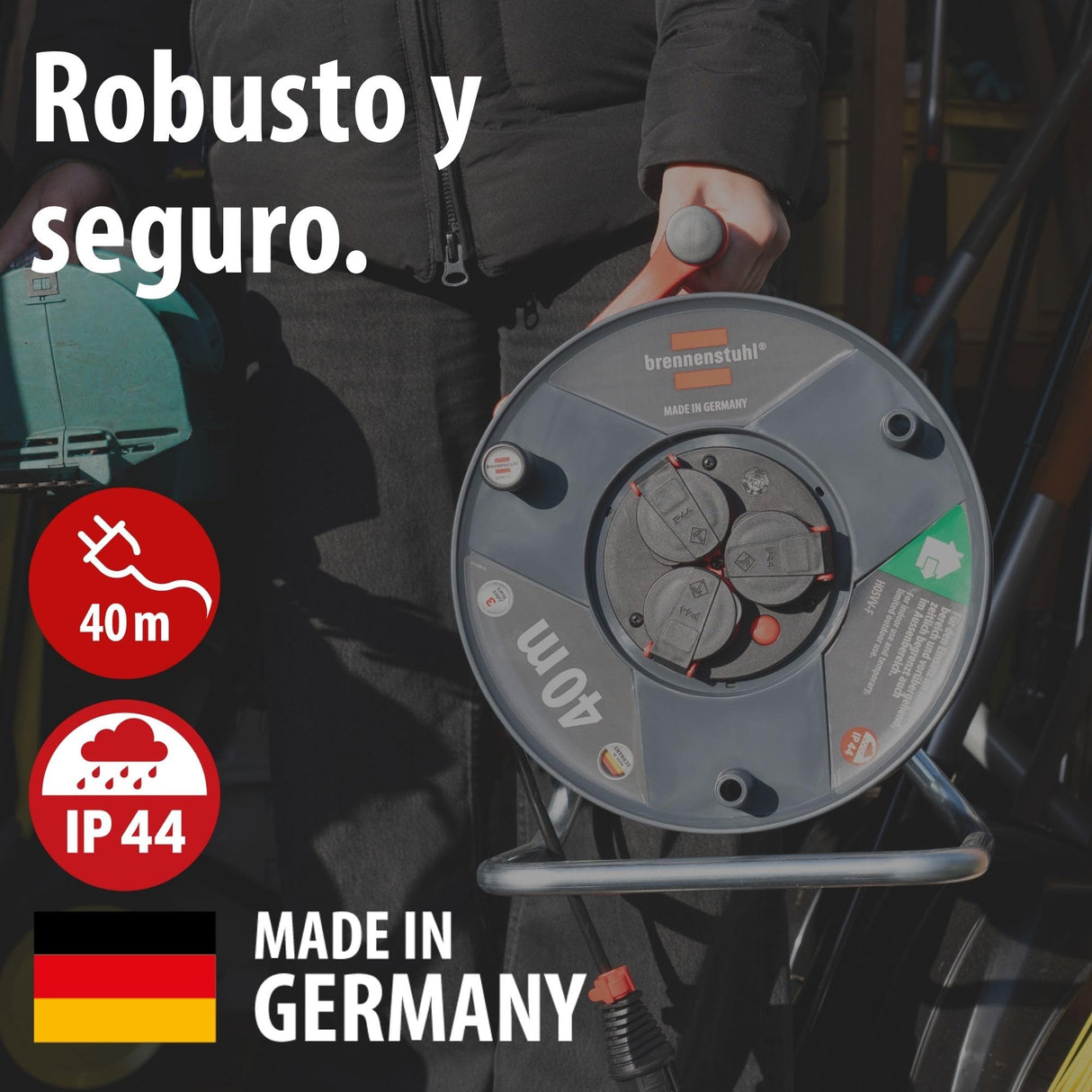 Brennenstuhl Enrollacables Garant V2 IP44 40m exterior (Made in Germany, 3 tomas de corriente con contacto de puesta a tierra, plástico especial)