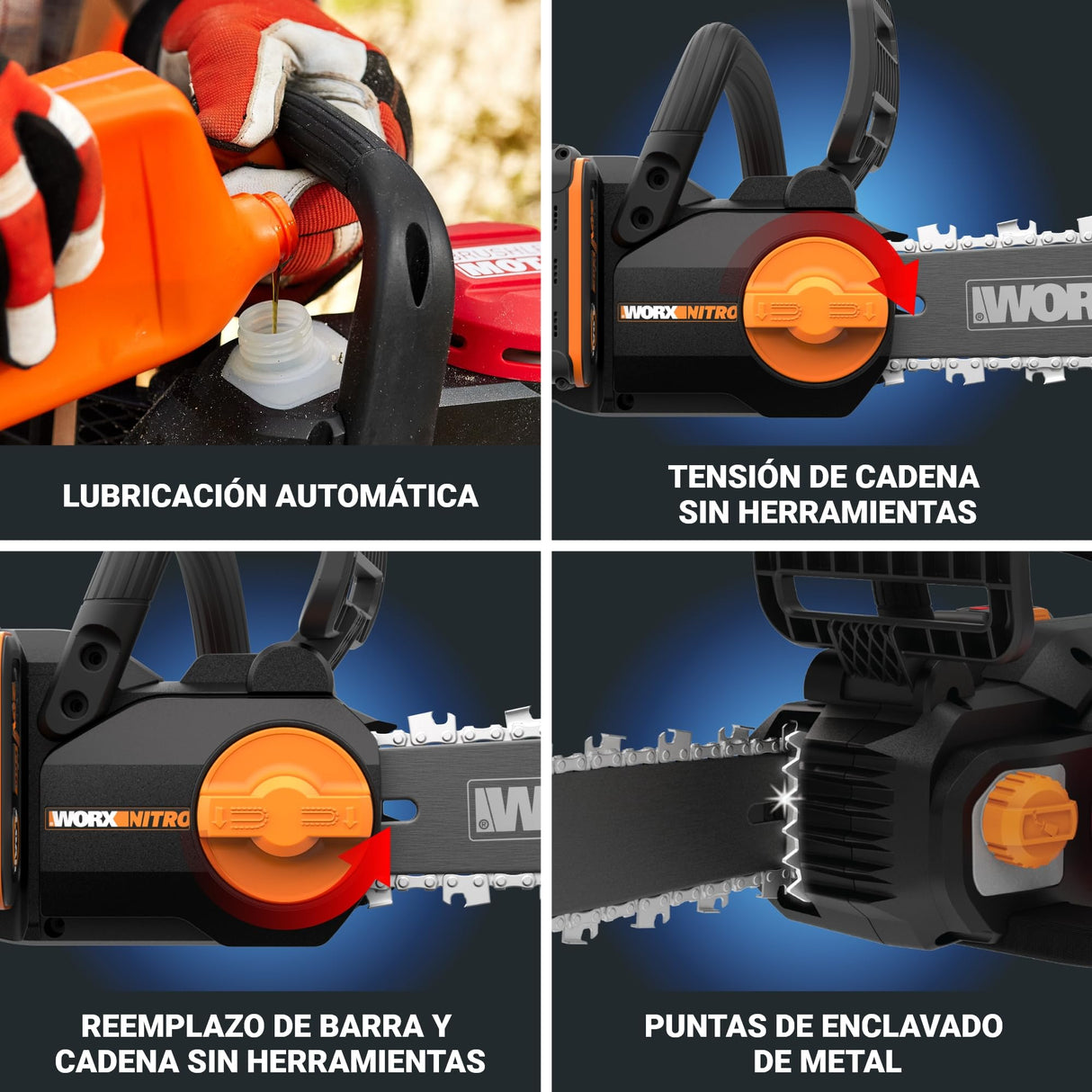 WORX WG350E Nitro - Motosierra profesional con batería de 20 V, potente sierra para madera, 10 m/s, longitud de corte de 30 cm, compacta y segura, lubricación automática, tensor de cadena