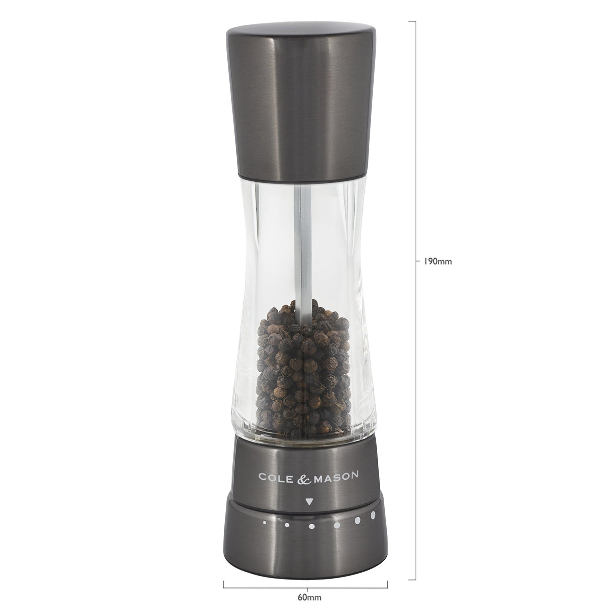 Cole & Mason Derwent Gunmetal Molinillos de Sal y Pimienta, Molinillo Especias, Juego de Molinillos con Grosor Ajustable, Acero Inoxidable/Acrílico, 190mm, H59428G