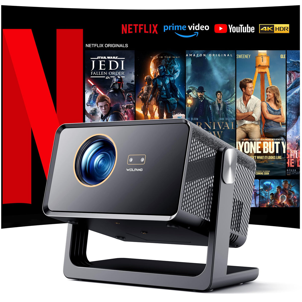WOLFANG 28000 Lúmenes Proyector Portátil 【Netflix Oficial & Autofocus/Keystone】, Mini Proyector 4K con Bluetooth 5.2 y WiFi 6, Proyector Inteligente con Soporte de 180° para Pantalla de 300"