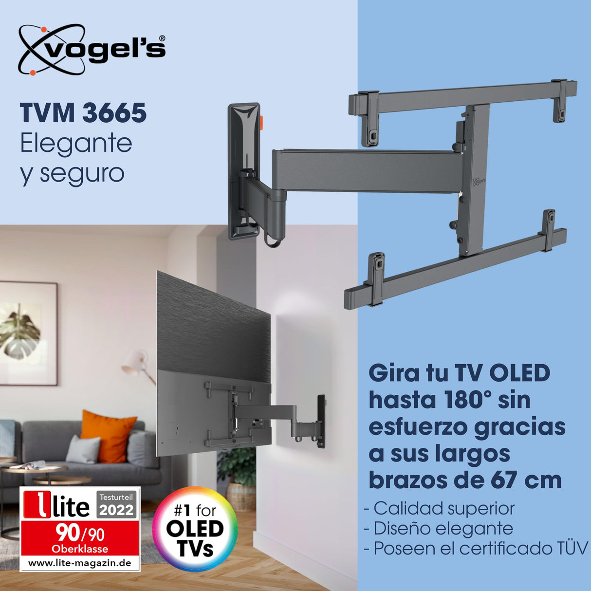 Vogel's TVM 3665 OLED Soporte TV Giratorio para televisores de Entre 40 a 77 Pulgadas, Máx 35 kg, Gira hasta 180º, Inclinable hasta 20º, Soporte para TV máx. VESA 600x400, Ideal para OLED