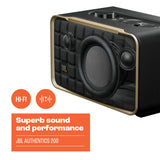 JBL Authentics 200, altavoz inteligente con tecnología Bluetooth, diseño retro, con cuadrícula gris, Wi-Fi integrado, Google Assistant, Amazon Alexa, AirPlay, JBL One App, negro