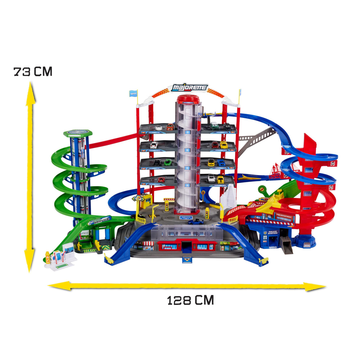 Majorette - Garaje Super City 7 Plantas, Incluye 6 Coches y Tren Motorizado con Luz y Sonido, para Niños a Partir de 5 Años - 128 x 78 x 73 cm