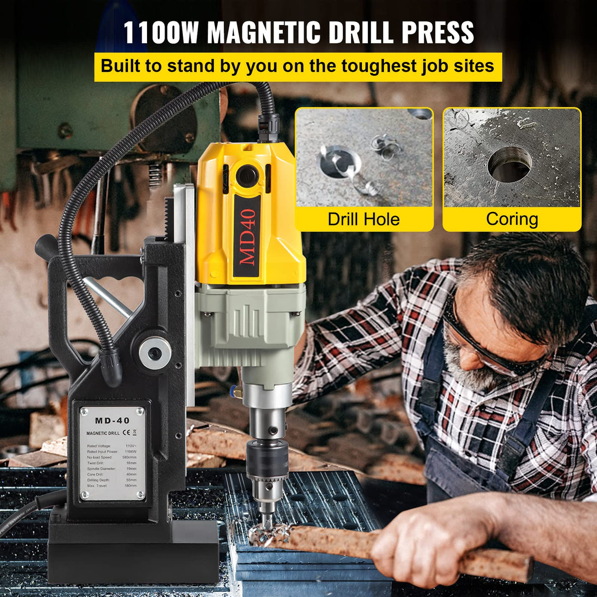 VEVOR Taladro Magnético 12000N Taladradora Magnético Profesional 1100W Taladro de Núcleo Magnético Taladradora Magnético Profesional Taladro Magnético con Conexión Al Cuello Base Magnética