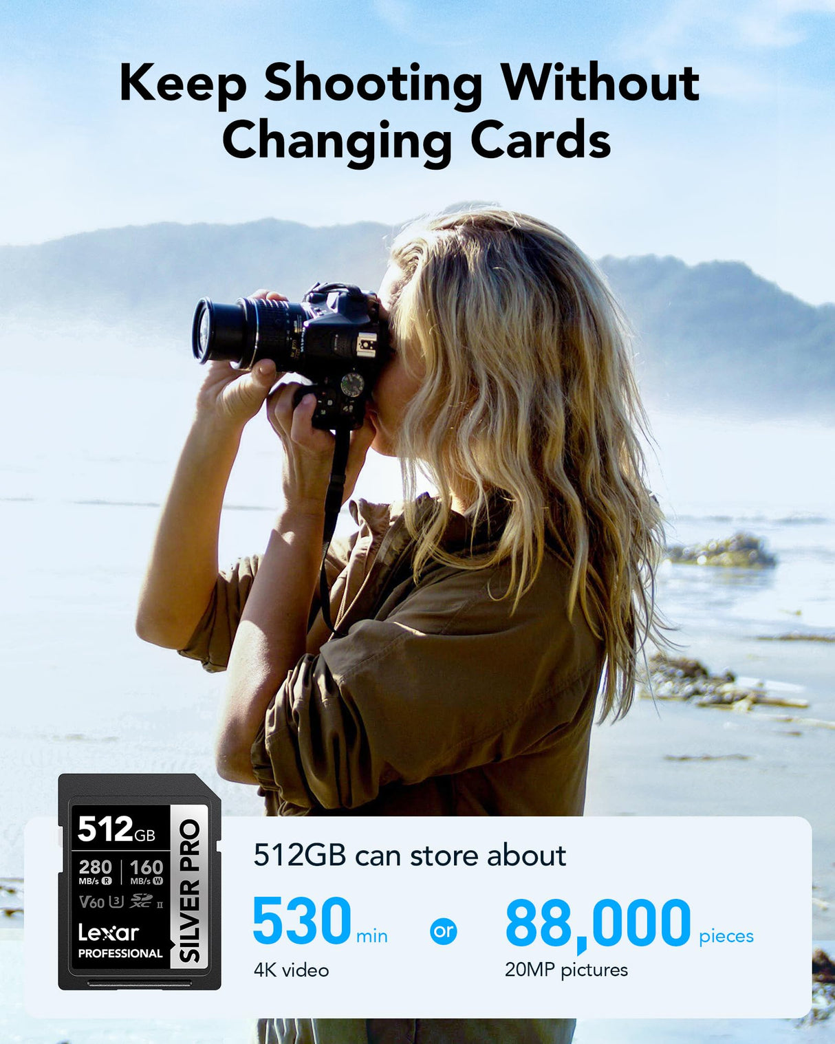 Lexar SILVER PRO Tarjeta SD de 512GB, tarjeta de memoria SD UHS-II, V60, U3, C10, lectura de hasta 280MB/s, escritura de 160MB/s, tarjeta SDXC para DSLR/cámara/fotógrafo/videógrafo (LSDSIPR512G-BNNAA)
