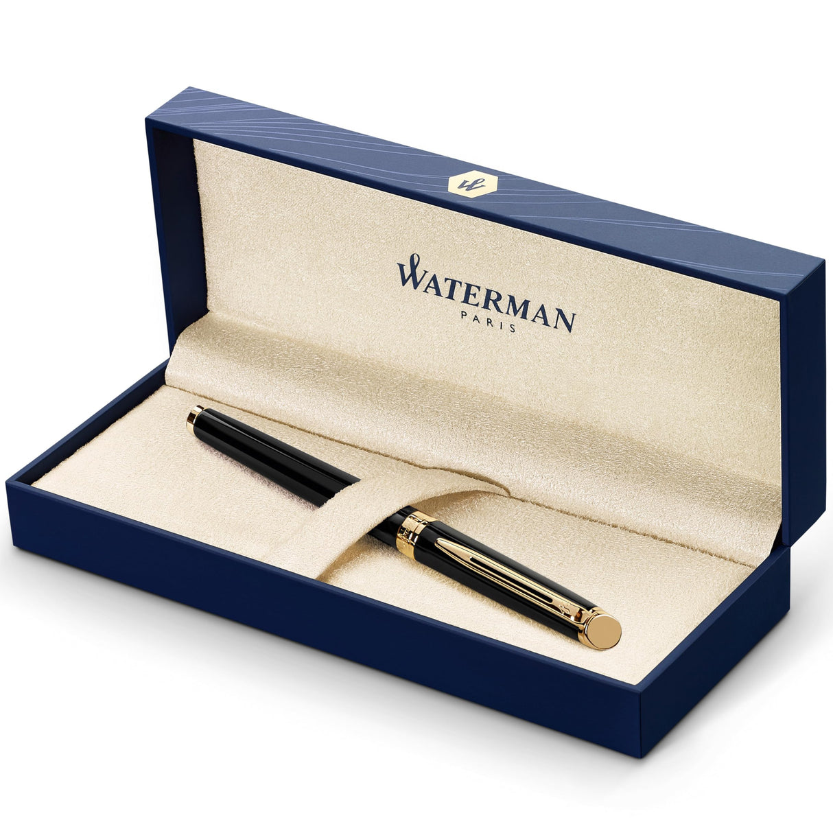Waterman Hémisphère rotulador roller | color negro brillante con adorno de oro de 23 quilates | punta fina con cartucho de tinta negra | estuche de regalo