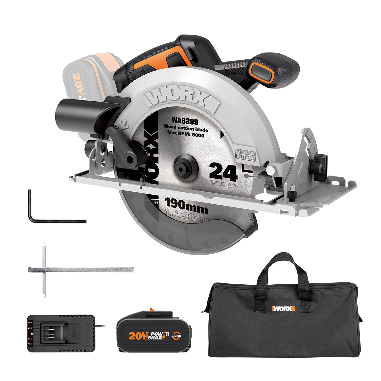 WORX Sierra circular Brushless 20V | PowerShare | WX520 | Incluye 1 batería 2Ah y cargador | Motor sin escobillas, corte a bisel, base de aluminio, empuñadura ergonómica