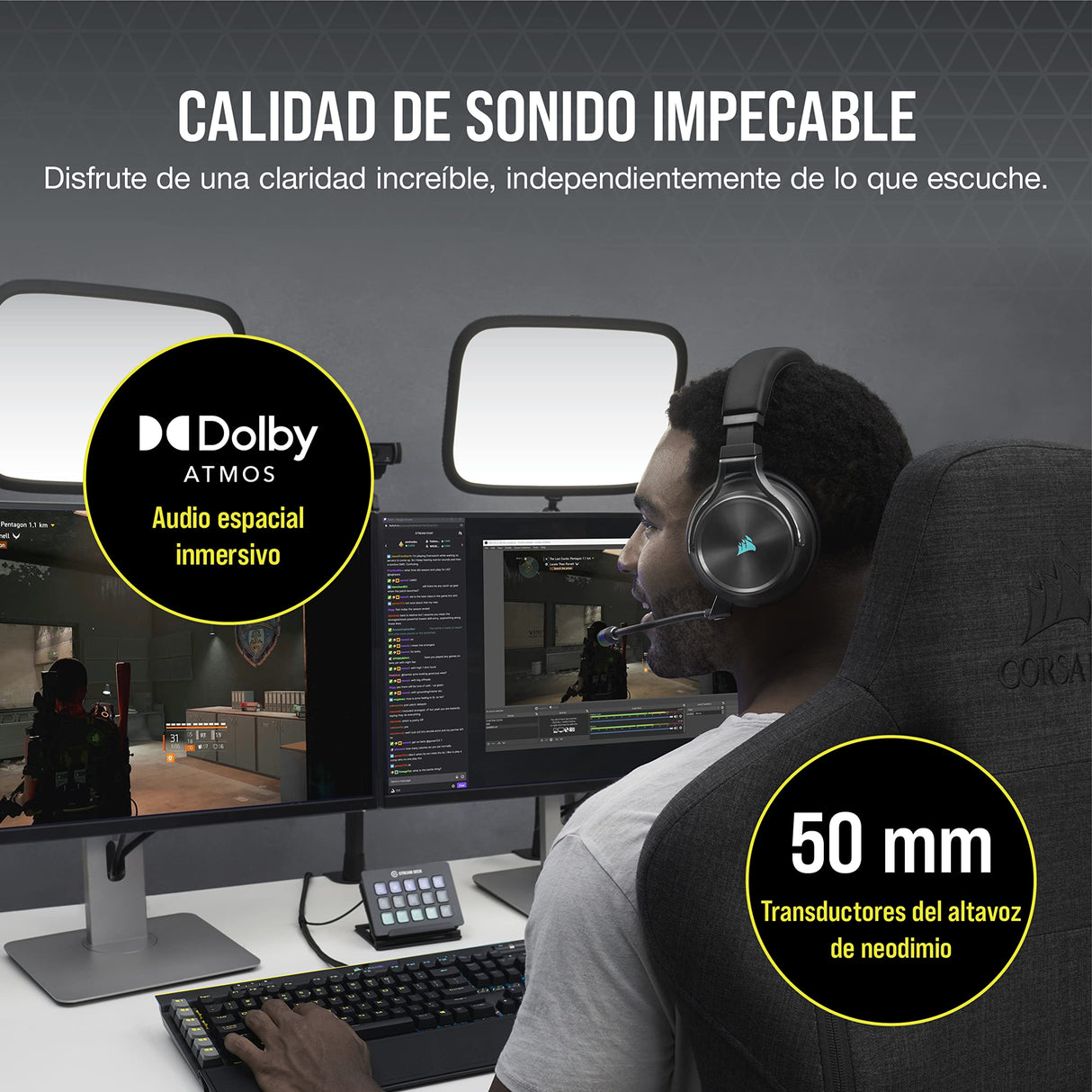 Corsair VIRTUOSO RGB WIRELESS XT Auriculares para Juegos Multiplataforma con Bluetooth - Dolby Atmos - Micrófono Omnidireccional -Compatible iCUE - PC, Mac, PS5, PS4, Nintendo Switch, Móvil - Pizarra