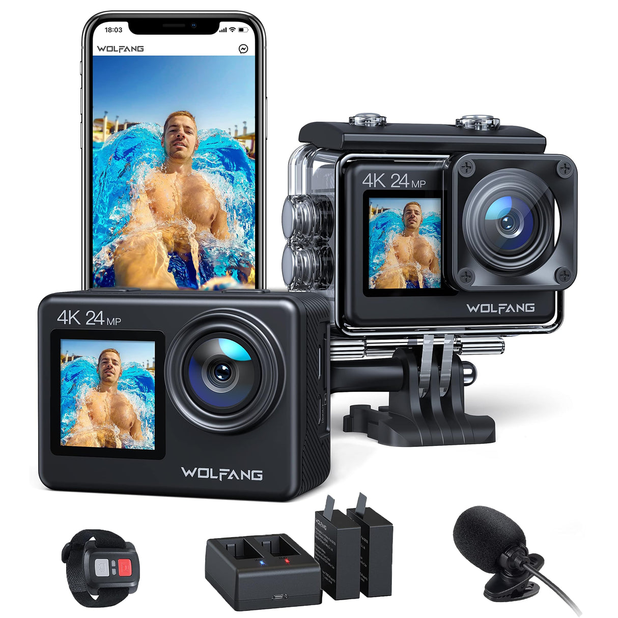 WOLFANG Cámara Deportiva GA200 4K 24MP Doble Pantalla WiFi Cámara de Video, Cámara Acuática Sumergible de 40M, 170° Gran Angular, Control Remoto EIS Mejorado, 2 Baterías, Multi Accesorios