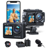 WOLFANG Cámara Deportiva GA200 4K 24MP Doble Pantalla WiFi Cámara de Video, Cámara Acuática Sumergible de 40M, 170° Gran Angular, Control Remoto EIS Mejorado, 2 Baterías, Multi Accesorios