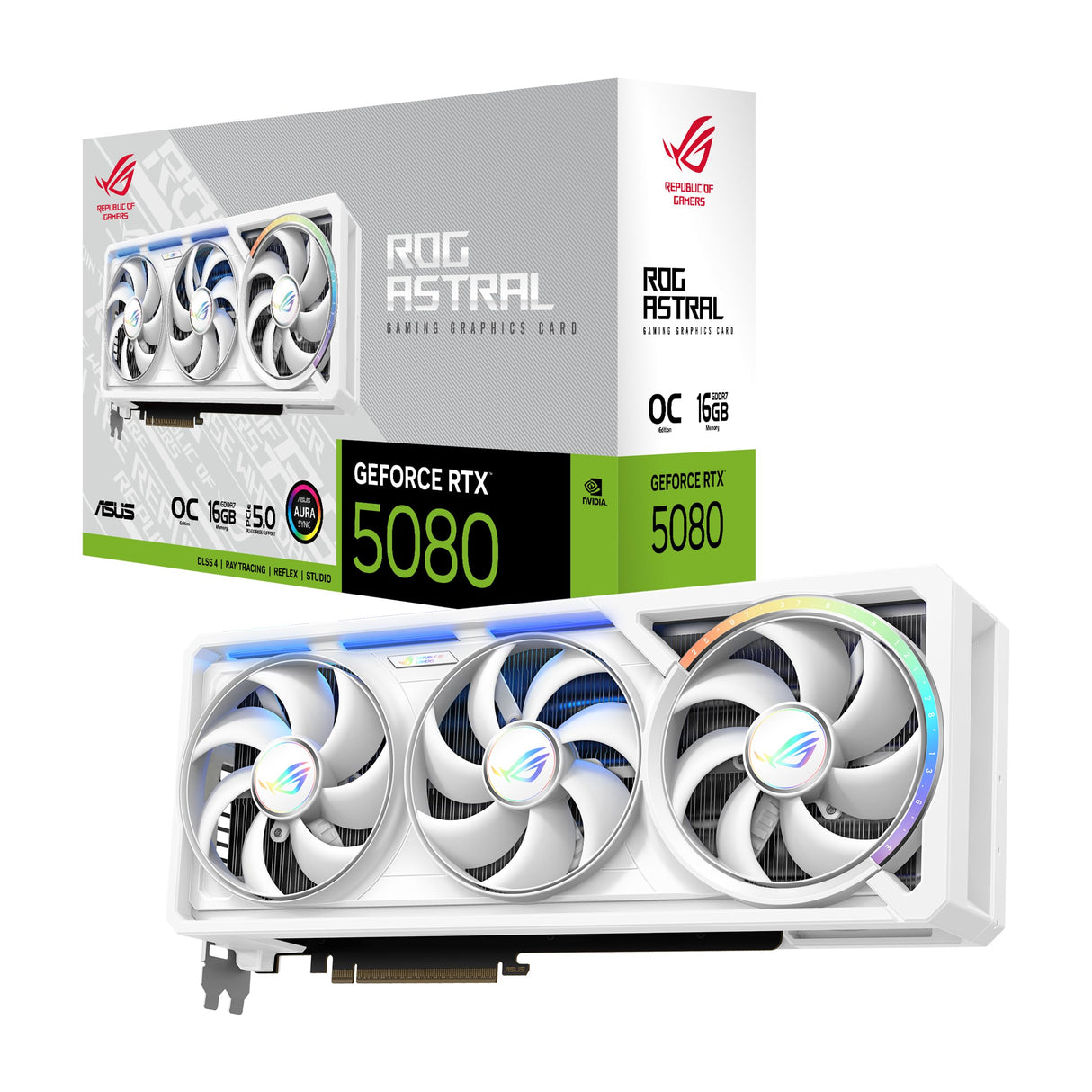 ASUS ROG Astral GeForce RTX 5080 White OC Edition, Tarjeta gráfica Gaming, PCIe 5.0, 16GB GDDR7, HDMI/DP 2.1, 3.8 Ranuras, 4 Ventiladores Axial-Tech, Almohadilla térmica de Cambio de Fase
