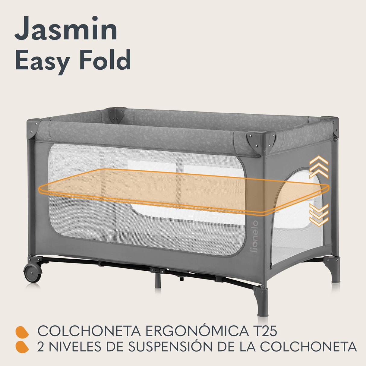 lionelo Jasmin Easy FoldCuna de Viaje para Niños de hasta 15 kg de 0 a 36 Meses Colchón de Espuma T25, 2 Niveles de Altura, Easy Fold, Entrada Lateral, Ruedas (Grey Stone)