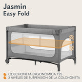 lionelo Jasmin Easy FoldCuna de Viaje para Niños de hasta 15 kg de 0 a 36 Meses Colchón de Espuma T25, 2 Niveles de Altura, Easy Fold, Entrada Lateral, Ruedas (Grey Stone)