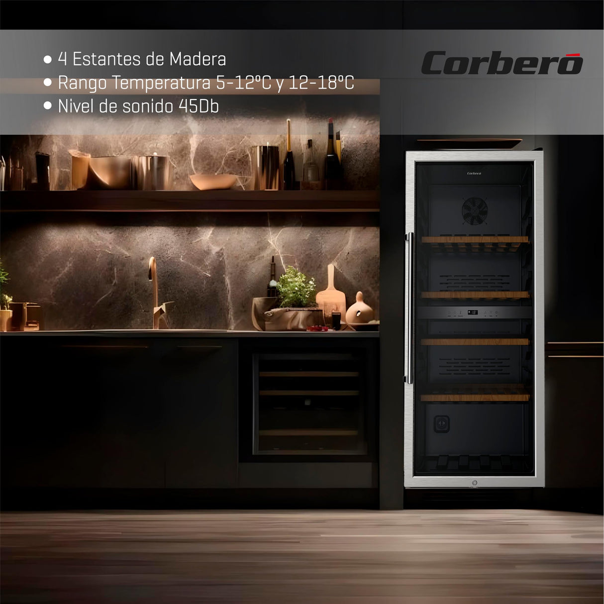 Corberó - Vinoteca CFKWC91SWDZ | 200L | 91 Botellas | Estático Con Ventilador | Doble Zona | Nevera para vino con Luz LED | 4 Estantes de Madera | 45Db | Negro Puerta Cristal
