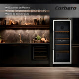 Corberó - Vinoteca CFKWC91SWDZ | 200L | 91 Botellas | Estático Con Ventilador | Doble Zona | Nevera para vino con Luz LED | 4 Estantes de Madera | 45Db | Negro Puerta Cristal