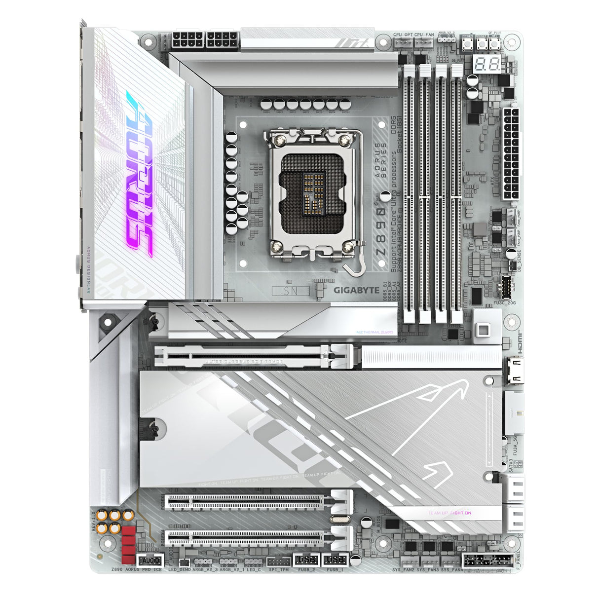 GIGABYTE Placa Base Z890 AORUS Pro Ice - Compatible con procesadores Intel Core Ultra (Serie 2), 16+1+2 Fases VRM, hasta 9500MHz DDR5 (OC), 1xPCIe 5.0 + 4xPCIe 4.0, Wi-Fi 7, LAN 5GbE, Thunderbolt 4