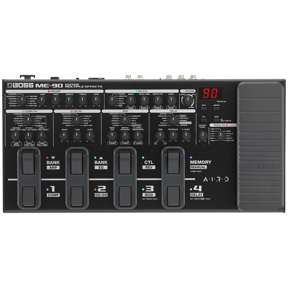 Multiefectos de guitarra BOSS ME-90 | Procesador de guitarra todo en uno | 11 modelos de ampli AIRD integrados | 60 efectos procedentes del GT-1000 | 8 conmutadores de pedal multifunción